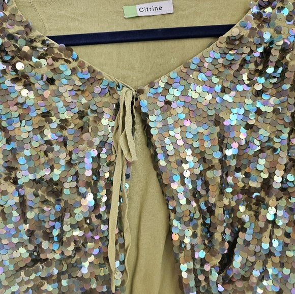 green sequin citrine brand short sleeve tie top - Picture 3 of 3